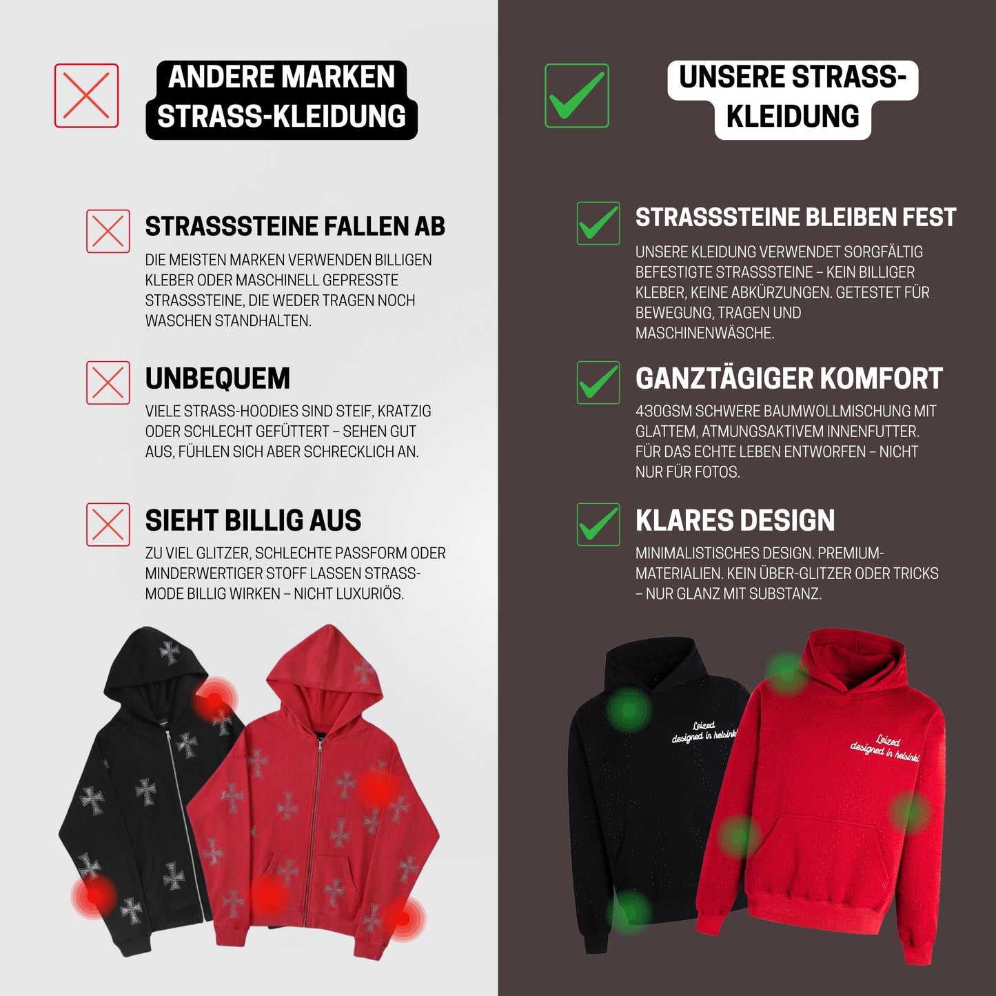 Zeitloser Rhinestone Hoodie - Schwarz