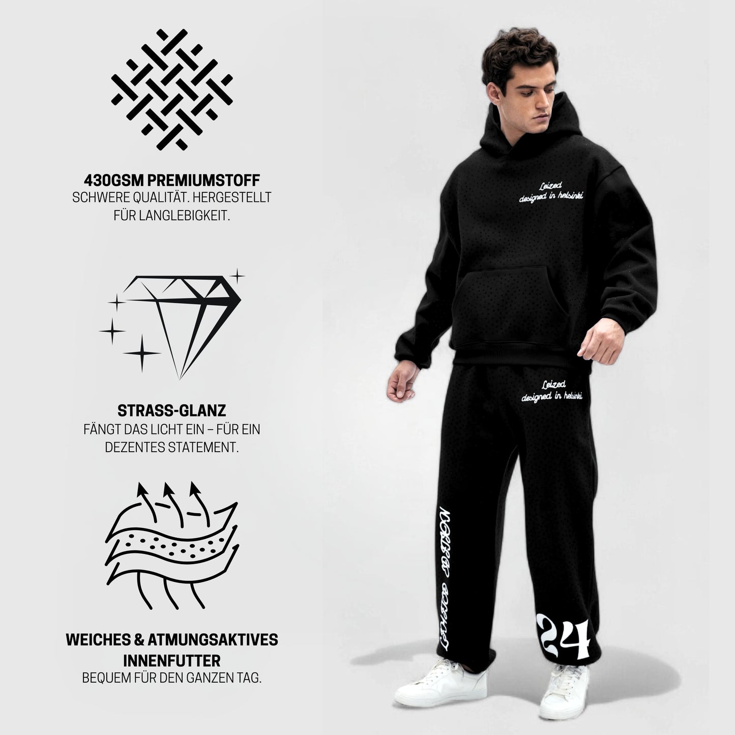 Zeitloser Rhinestone Hoodie - Schwarz