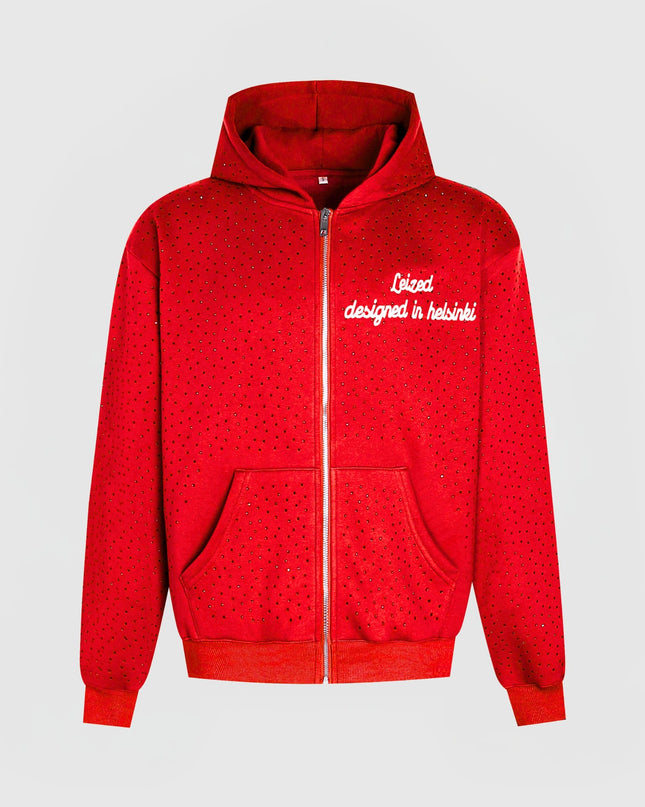 TIMELESS RHINESTONE ZIP-UP HOODIE - RED