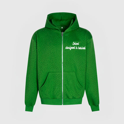TIMELESS RHINESTONE ZIP-UP HOODIE - GREEN