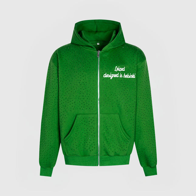 TIMELESS RHINESTONE ZIP-UP HOODIE - GREEN